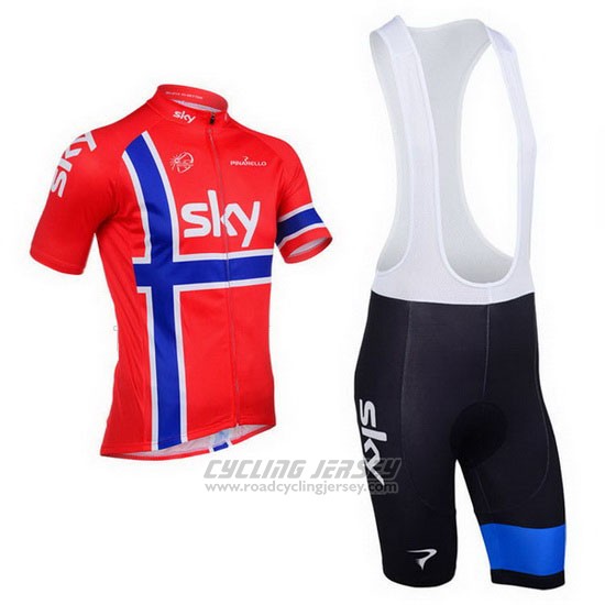 2013 Cycling Jersey Sky Champion Norway Blue and Red Short Sleeve and Bib Short